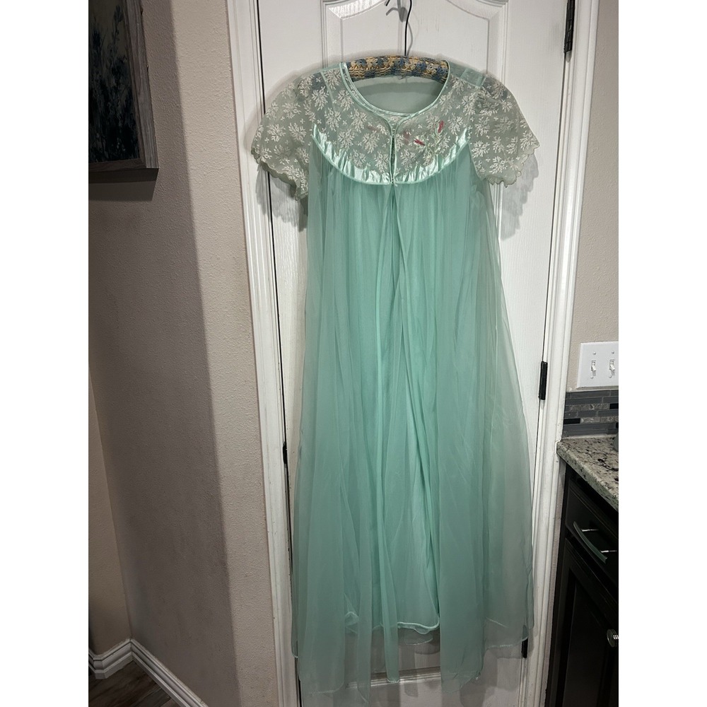 VTG Movie Star Nightgown & Robe Mint Green Sz S Lace Embroidery peignoir 50s 60s